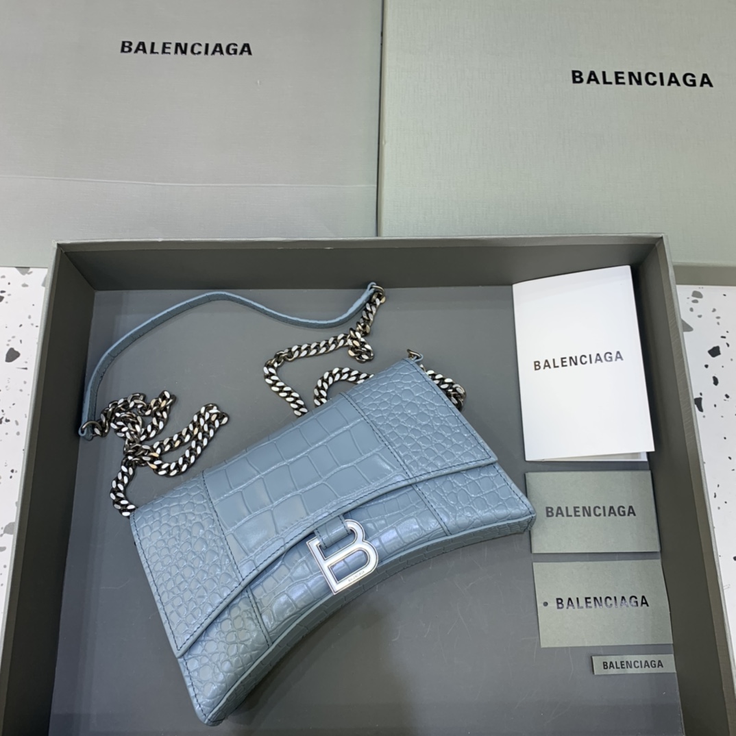 Balenciaga Big Hourglass Wallet With Chain Crocodile Embossed Shoulder Bag Light Blue